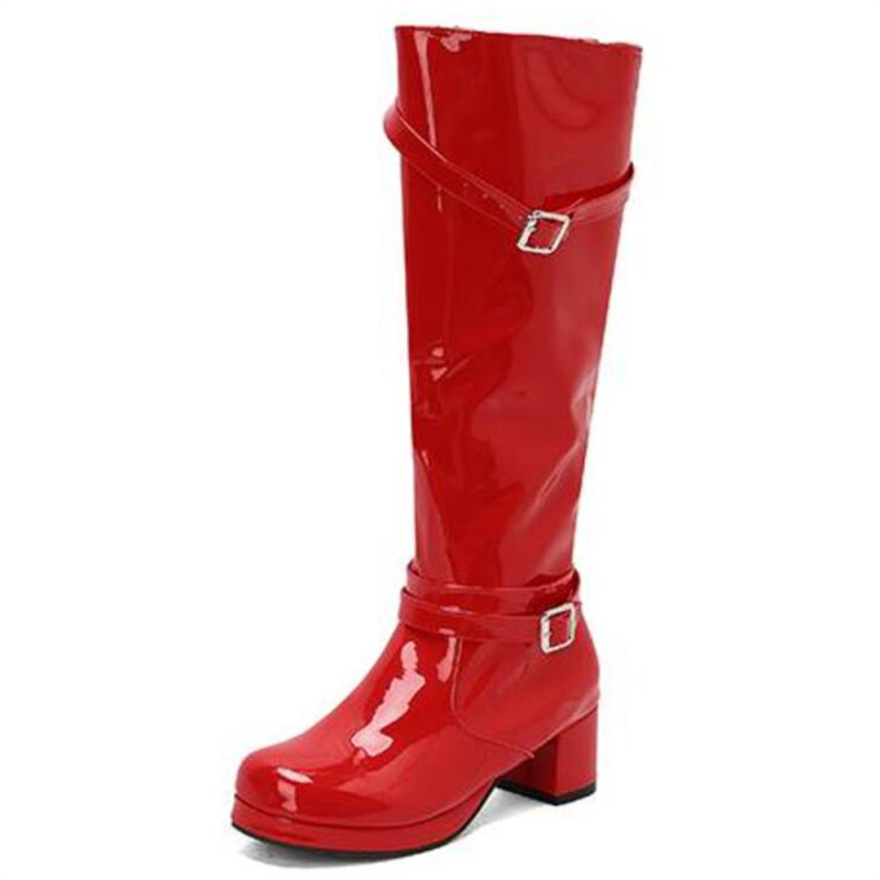 Uniszex divatcsizma lakkozott bőrfelsővel, kerek orrú, gumírozott talp, vastag sarok, oldalsó cipzár