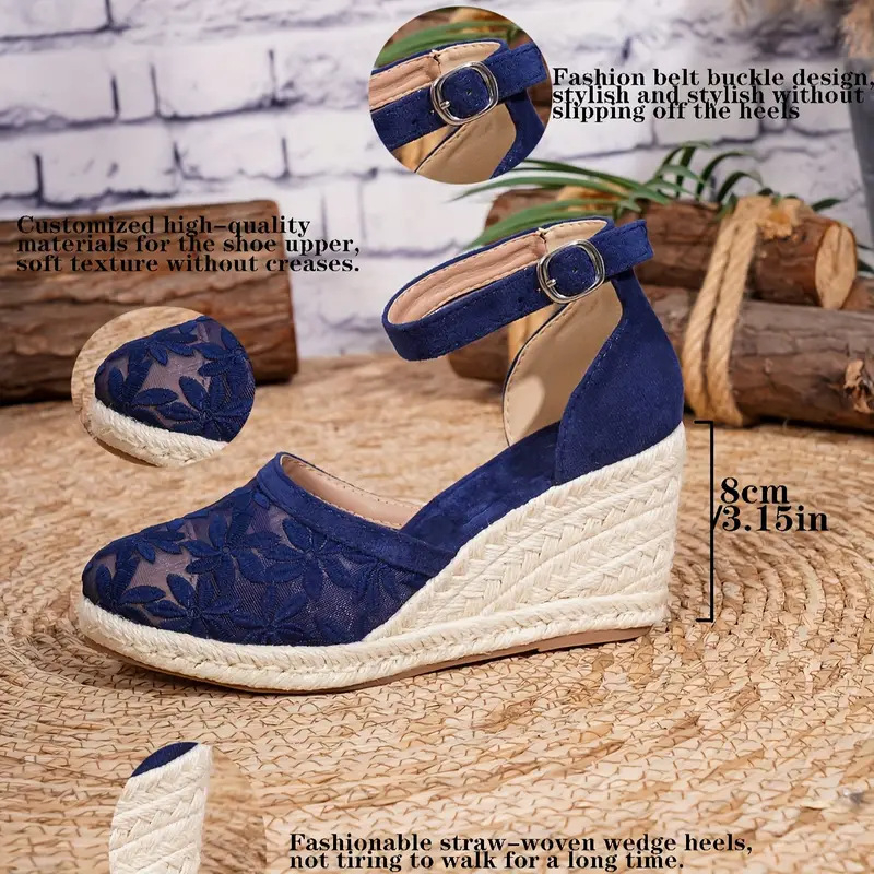 Дамски сандали с един презрамък, ленена горна част, квадратен нос, клиновидна дебела подметка, закопчаване с катарама