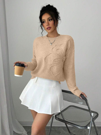 Pulover damă cu guler rotund, mâneci lungi, lungime normală, amestec poliester-spandex, toamna 2025, stil Japonez-Coreean casual.