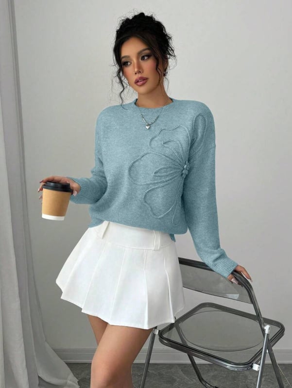 Pulover damă cu guler rotund, mâneci lungi, lungime normală, amestec poliester-spandex, toamna 2025, stil Japonez-Coreean casual.