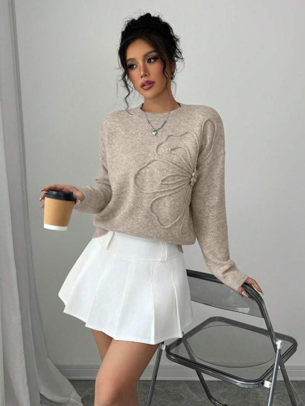 Pulover damă cu guler rotund, mâneci lungi, lungime normală, amestec poliester-spandex, toamna 2025, stil Japonez-Coreean casual.