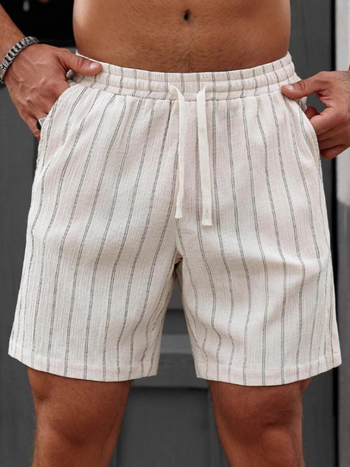 Мъжки плажни шорти от конопено-памучна смес, с връзка за талията, права кройка, за лятото