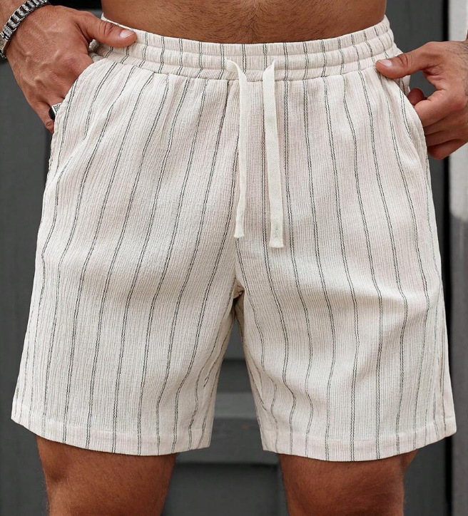Мъжки плажни шорти от конопено-памучна смес, с връзка за талията, права кройка, за лятото