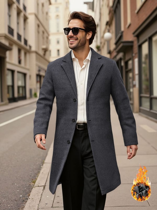 Pánsky kabát so zosilnenou tepelnou izoláciou, štíhly strih, golier s odklápaním, jednoradové zapínanie, stredná dĺžka