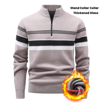 Плетен пуловер с цип, стояща яка, райе жакард, флисов слой