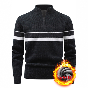 Плетен пуловер с цип, стояща яка, райе жакард, флисов слой