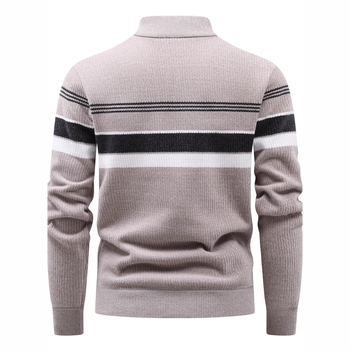 Плетен пуловер с цип, стояща яка, райе жакард, флисов слой