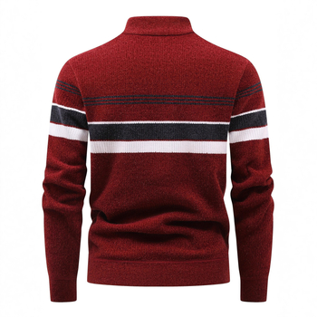 Плетен пуловер с цип, стояща яка, райе жакард, флисов слой