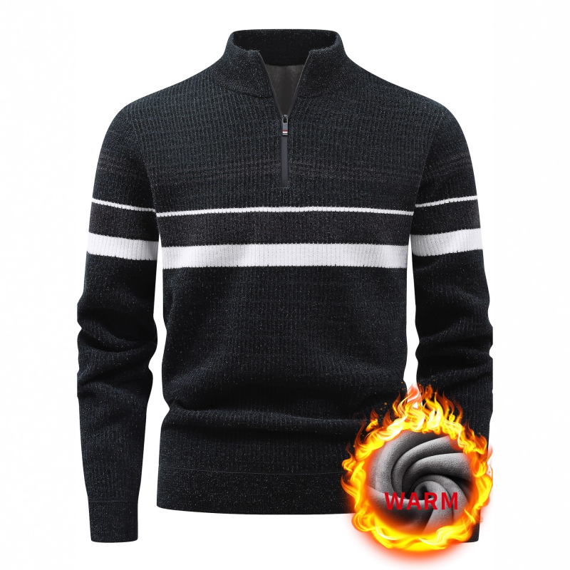 Плетен пуловер с цип, стояща яка, райе жакард, флисов слой