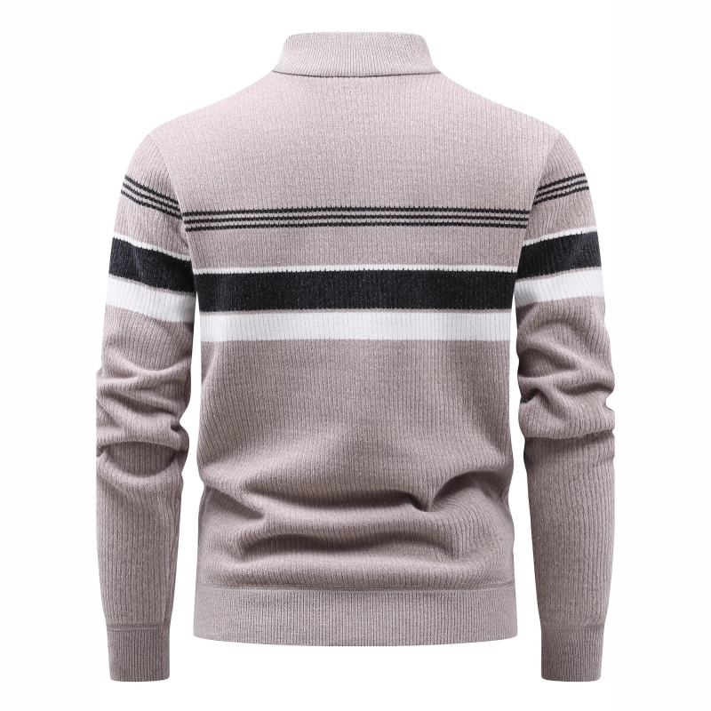 Плетен пуловер с цип, стояща яка, райе жакард, флисов слой