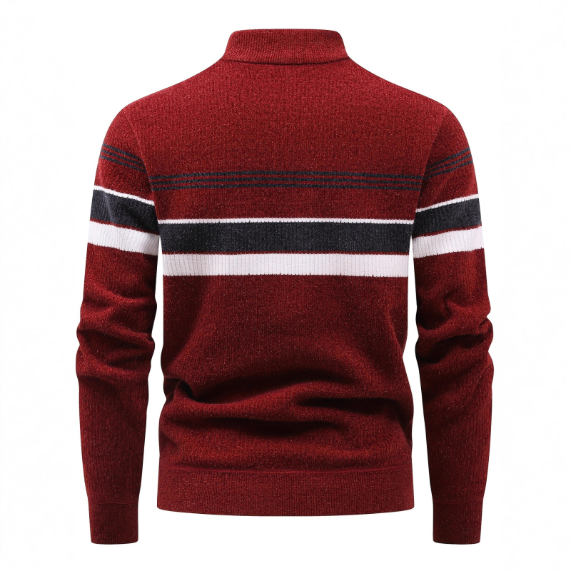 Плетен пуловер с цип, стояща яка, райе жакард, флисов слой