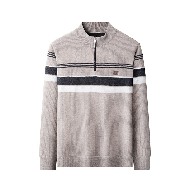 Плетен пуловер с цип, стояща яка, райе жакард, флисов слой