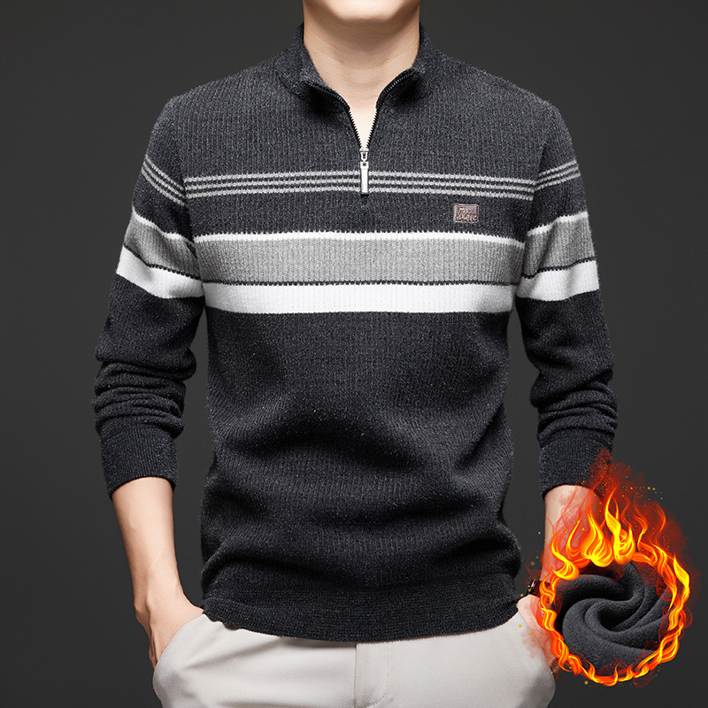 Плетен пуловер с цип, стояща яка, райе жакард, флисов слой