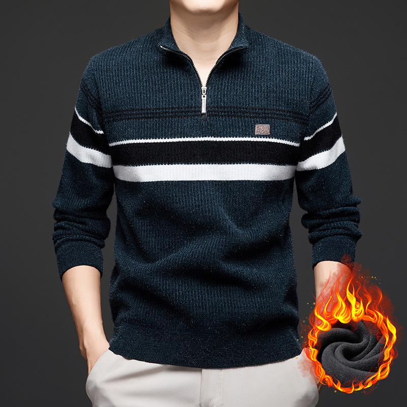 Плетен пуловер с цип, стояща яка, райе жакард, флисов слой