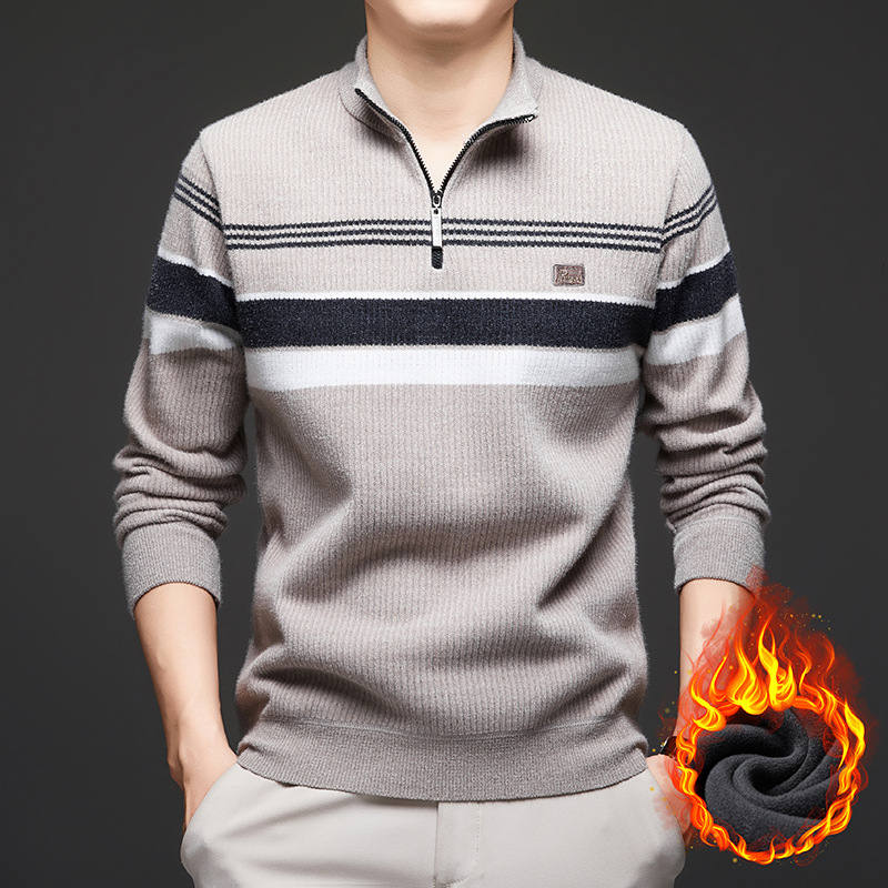 Плетен пуловер с цип, стояща яка, райе жакард, флисов слой