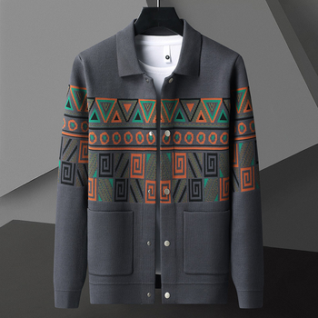 Muški pleteni kardigan s jacquard uzorkom, dugi rukavi, poliester mješavina, gradski stil