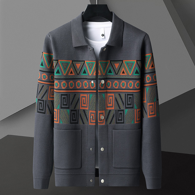 Muški pleteni kardigan s jacquard uzorkom, dugi rukavi, poliester mješavina, gradski stil