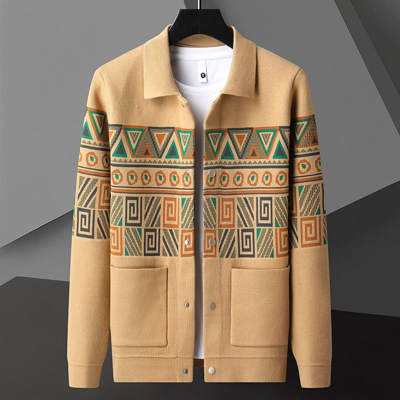 Muški pleteni kardigan s jacquard uzorkom, dugi rukavi, poliester mješavina, gradski stil