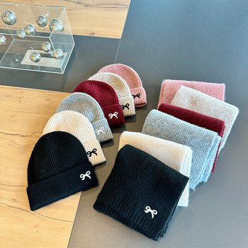 Zimná detská súprava: pletená čiapka a šál s vyšitým mašličkou – kupolová čiapka, teplá a vetruodolná