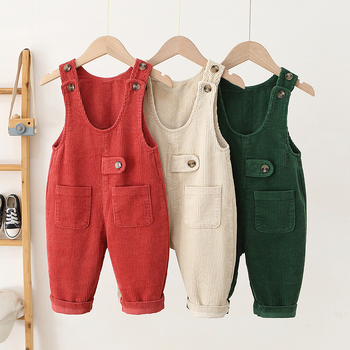 Detské nohavice s traky v kórejskom štýle, corduroy, 80% bavlna, stredný pás, enzímové pranie