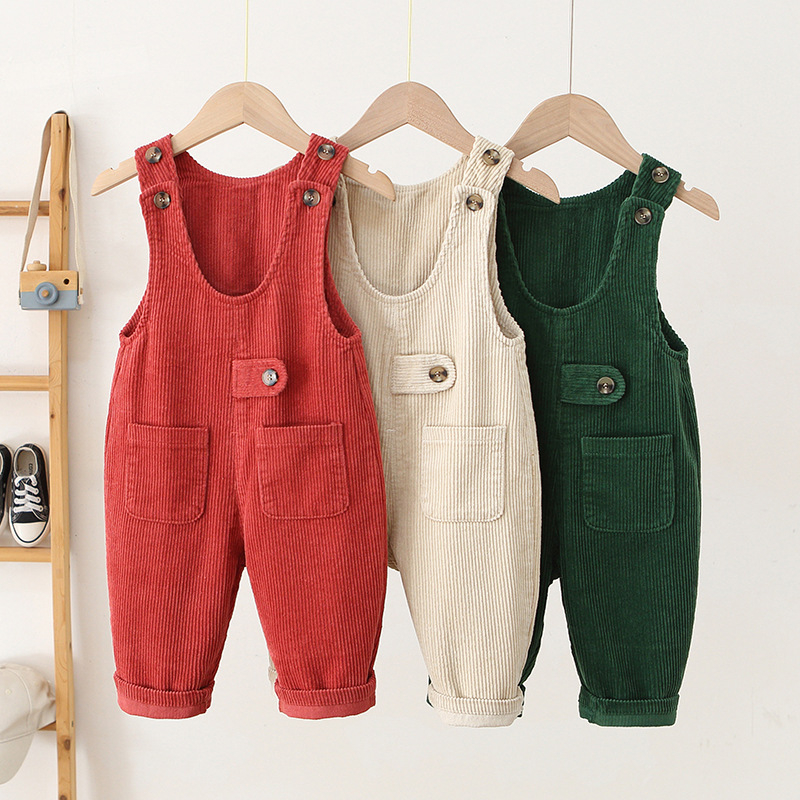 Detské nohavice s traky v kórejskom štýle, corduroy, 80% bavlna, stredný pás, enzímové pranie