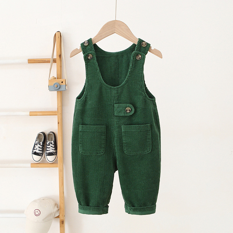 Detské nohavice s traky v kórejskom štýle, corduroy, 80% bavlna, stredný pás, enzímové pranie