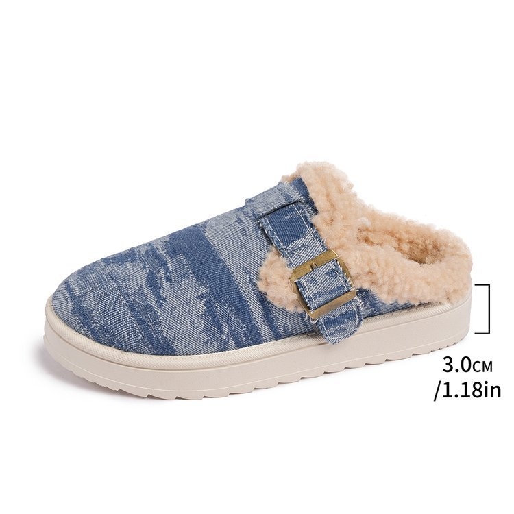 Női denim papucs zárt orrú, vastag gumitalpú, belső rövid plüss bélés, európai és amerikai stílus