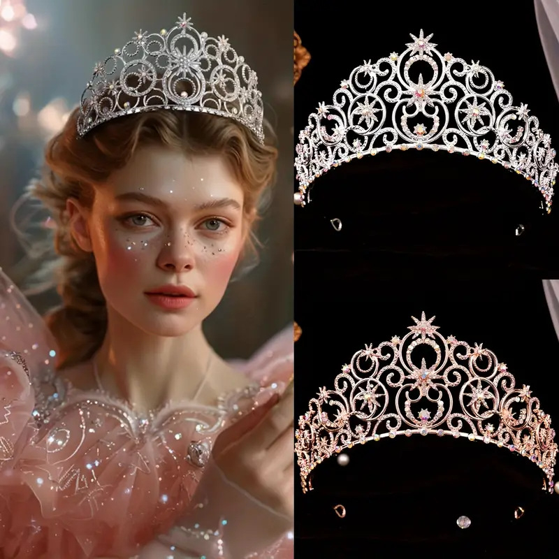 Vintage čelenka s konšteláciou, biele krištále, elektroplátovaný kov