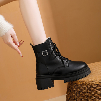 Ботуши Мартин за жени, с кръгъл нос, дебела подметка, дебел ток, повдигане на височината