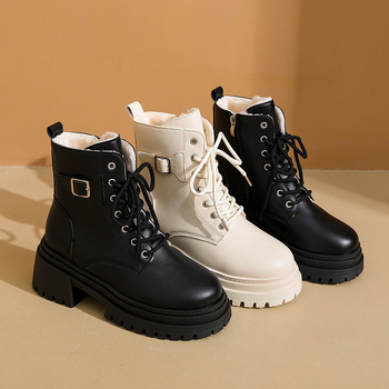 Ботуши Мартин за жени, с кръгъл нос, дебела подметка, дебел ток, повдигане на височината