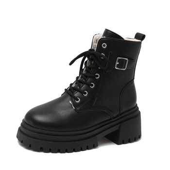 Ботуши Мартин за жени, с кръгъл нос, дебела подметка, дебел ток, повдигане на височината