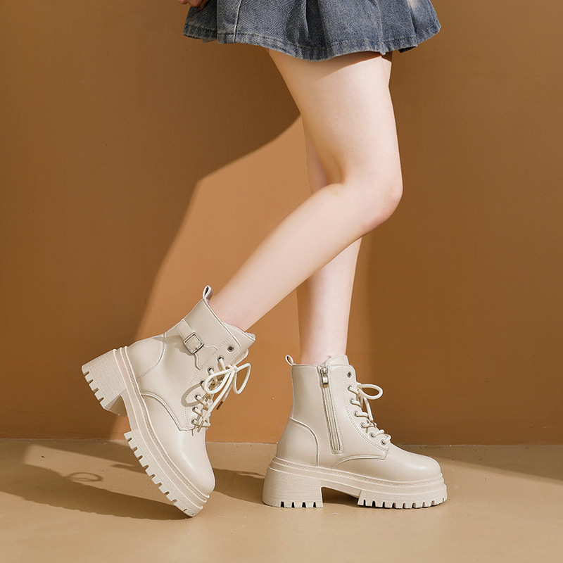 Ботуши Мартин за жени, с кръгъл нос, дебела подметка, дебел ток, повдигане на височината