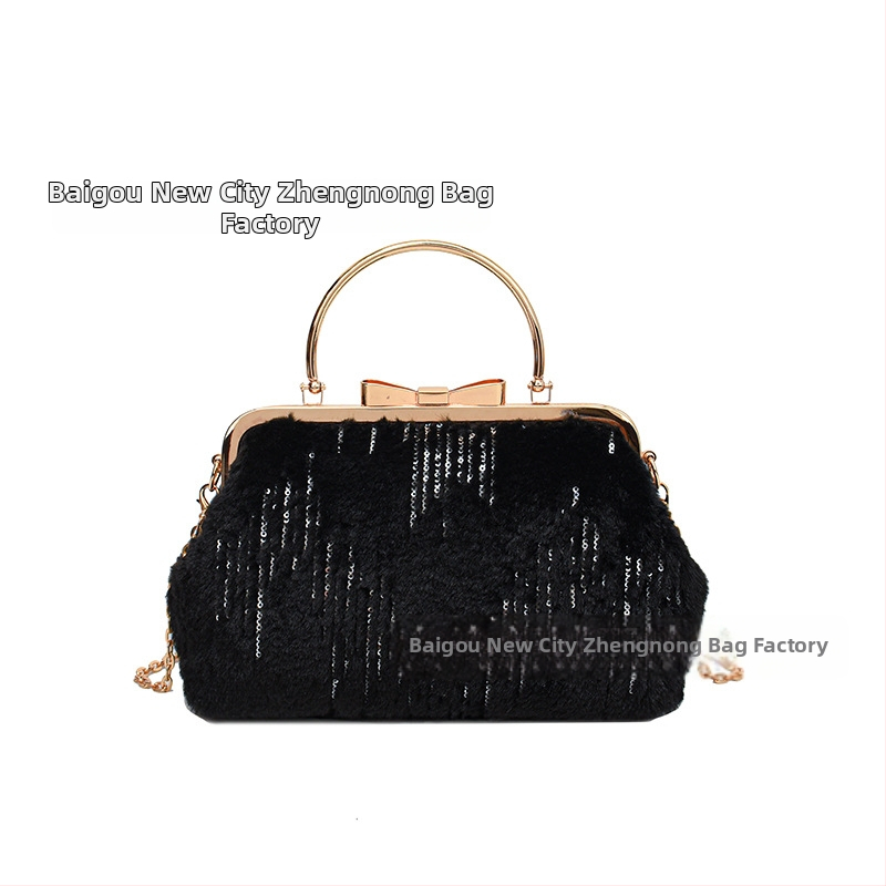 Plyšová dámska kabelka s tvarom mušle, crossbody, klipové otvorenie, vrecko na telefón, polyesterová podšívka, street fashion, zima 2024