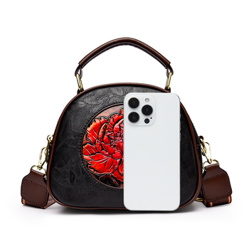 Geantă PU, formă ovală, stil literar chinezesc, închidere cu fermoar, căptușeală poliester-bumbac