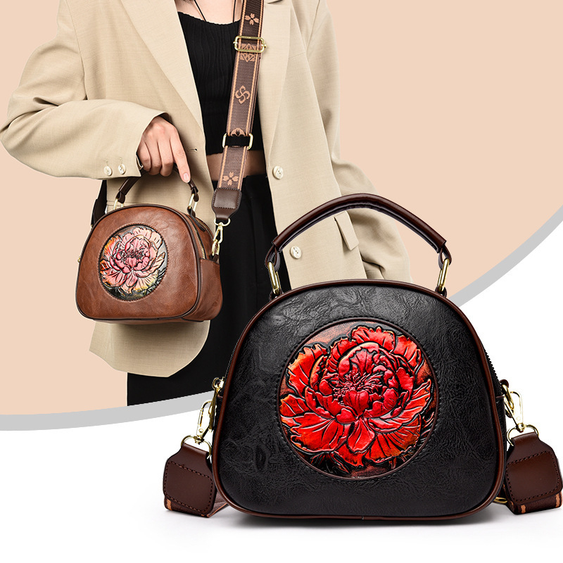 Geantă PU, formă ovală, stil literar chinezesc, închidere cu fermoar, căptușeală poliester-bumbac