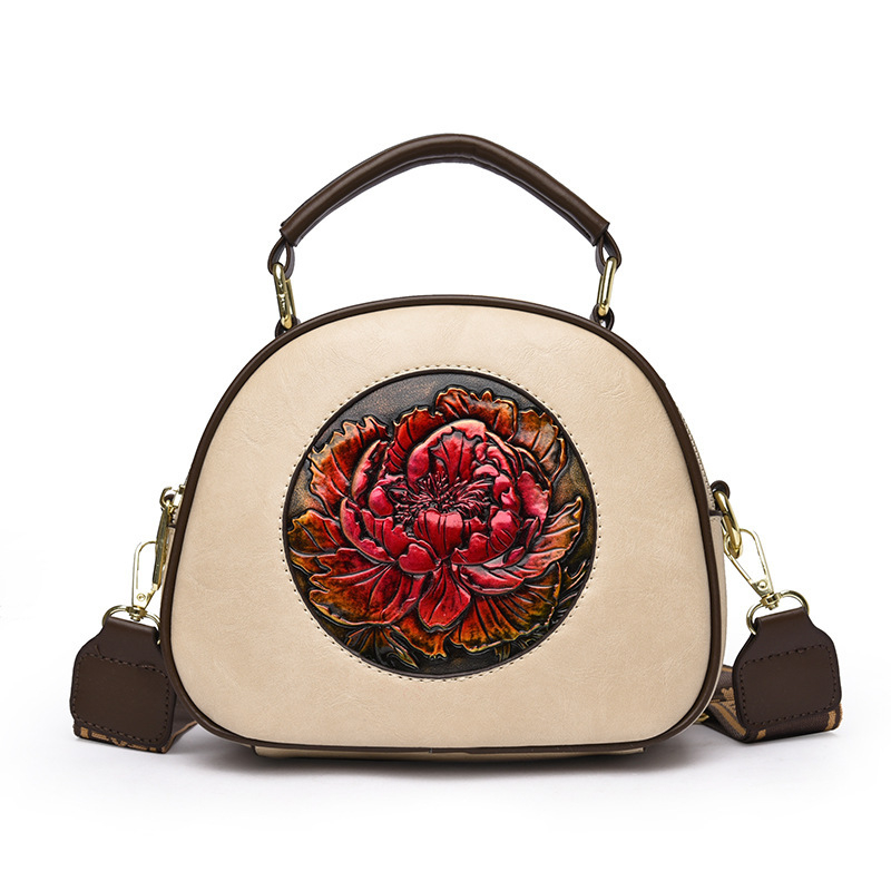 Geantă PU, formă ovală, stil literar chinezesc, închidere cu fermoar, căptușeală poliester-bumbac