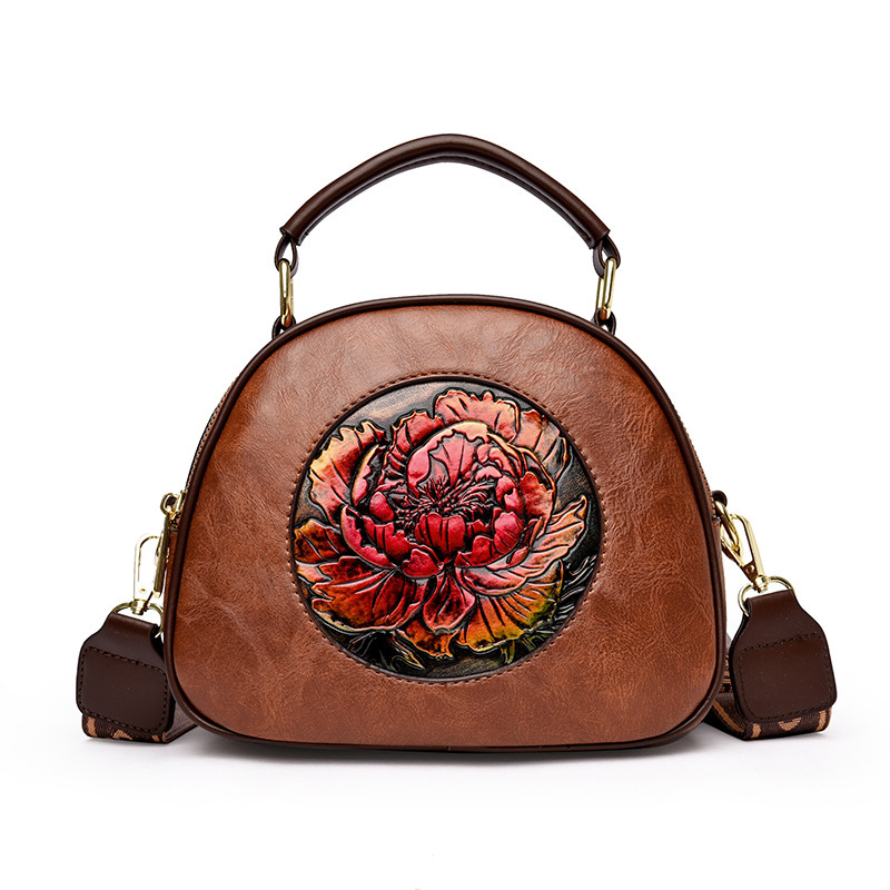 Geantă PU, formă ovală, stil literar chinezesc, închidere cu fermoar, căptușeală poliester-bumbac