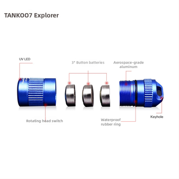 TANK007 Мини фенер LED от алуминиев сплав, 3W, ръчно задвижване, съвместимо с бутонна батерия, ключодържател