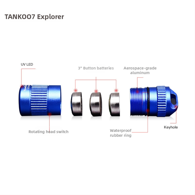 TANK007 Мини фенер LED от алуминиев сплав, 3W, ръчно задвижване, съвместимо с бутонна батерия, ключодържател