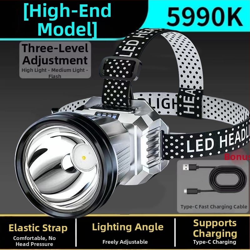 Επαναφορτιζόμενος LED φακός κεφαλής, 300W, μακριά δέσμη, με τοποθέτηση στο κεφάλι, για νυχτερινό ψάρεμα.