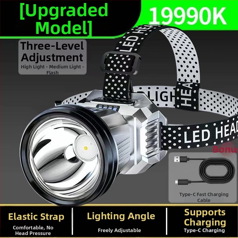 Επαναφορτιζόμενος LED φακός κεφαλής, 300W, μακριά δέσμη, με τοποθέτηση στο κεφάλι, για νυχτερινό ψάρεμα.