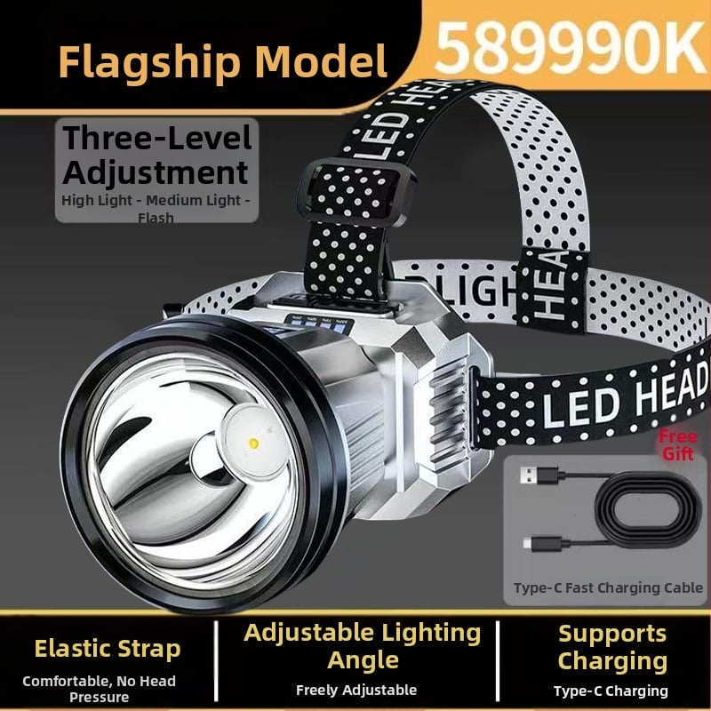 Επαναφορτιζόμενος LED φακός κεφαλής, 300W, μακριά δέσμη, με τοποθέτηση στο κεφάλι, για νυχτερινό ψάρεμα.