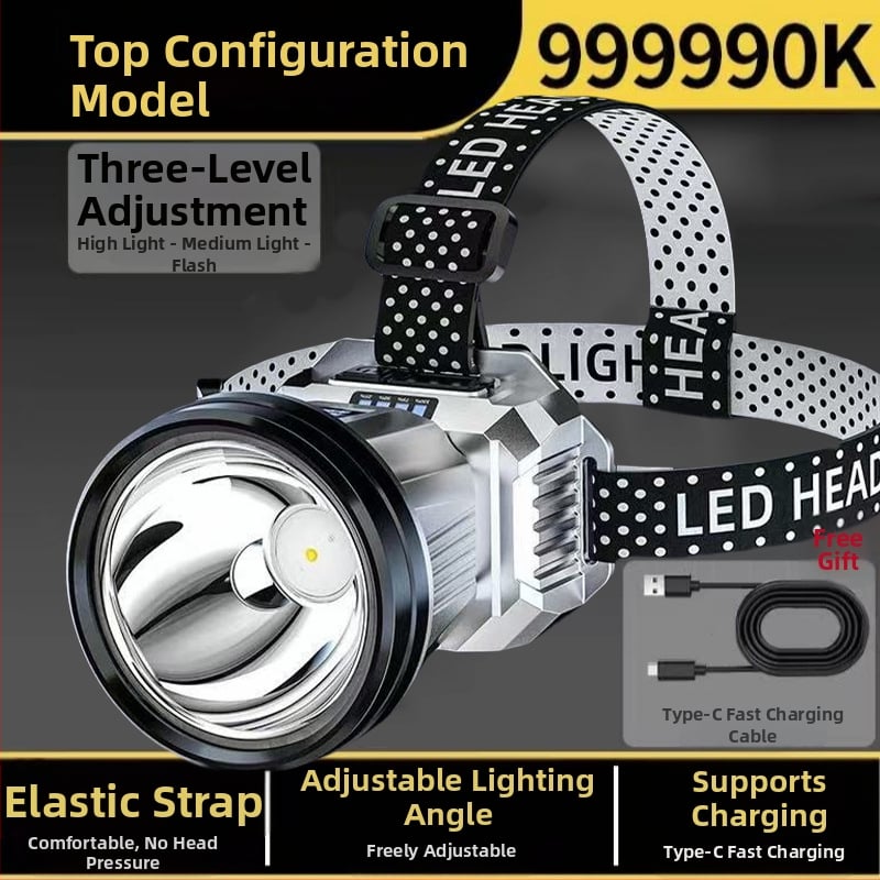 Επαναφορτιζόμενος LED φακός κεφαλής, 300W, μακριά δέσμη, με τοποθέτηση στο κεφάλι, για νυχτερινό ψάρεμα.