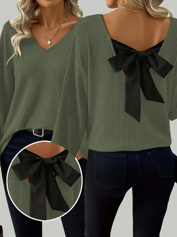 Svetrový pulóver s motívom mašičky a V-dekoltom, dlhé rukávy, voľný strih, zmes polyesteru a spandexu