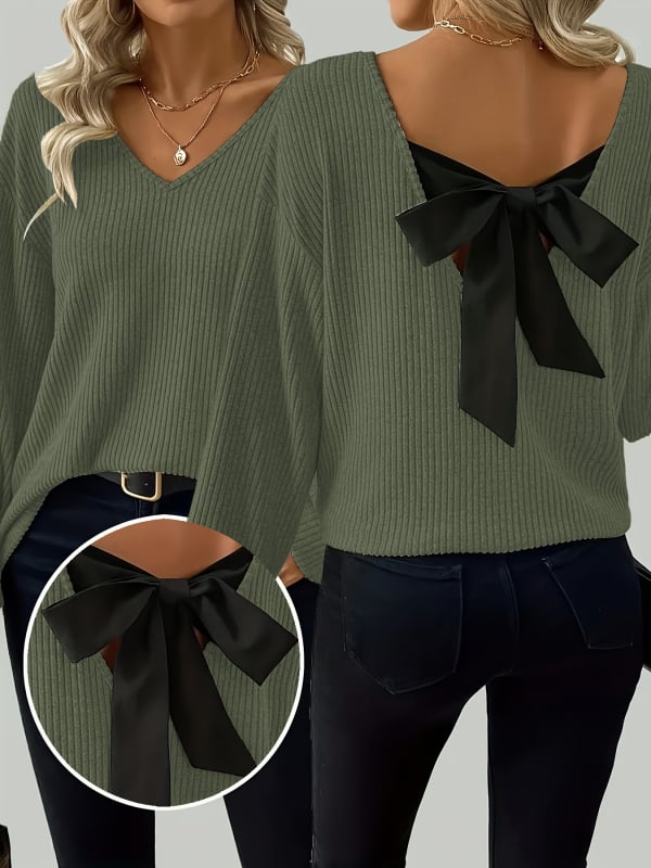 Svetrový pulóver s motívom mašičky a V-dekoltom, dlhé rukávy, voľný strih, zmes polyesteru a spandexu