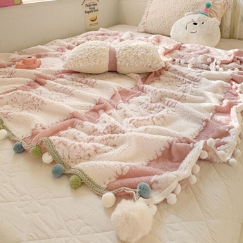 Pom-pom pletená deka, hrubá z mliečnej priadze, vhodná ako šál a kryt na pohovku