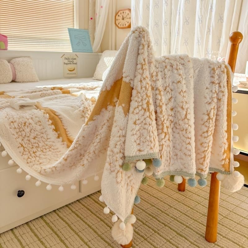 Pom-pom pletená deka, hrubá z mliečnej priadze, vhodná ako šál a kryt na pohovku