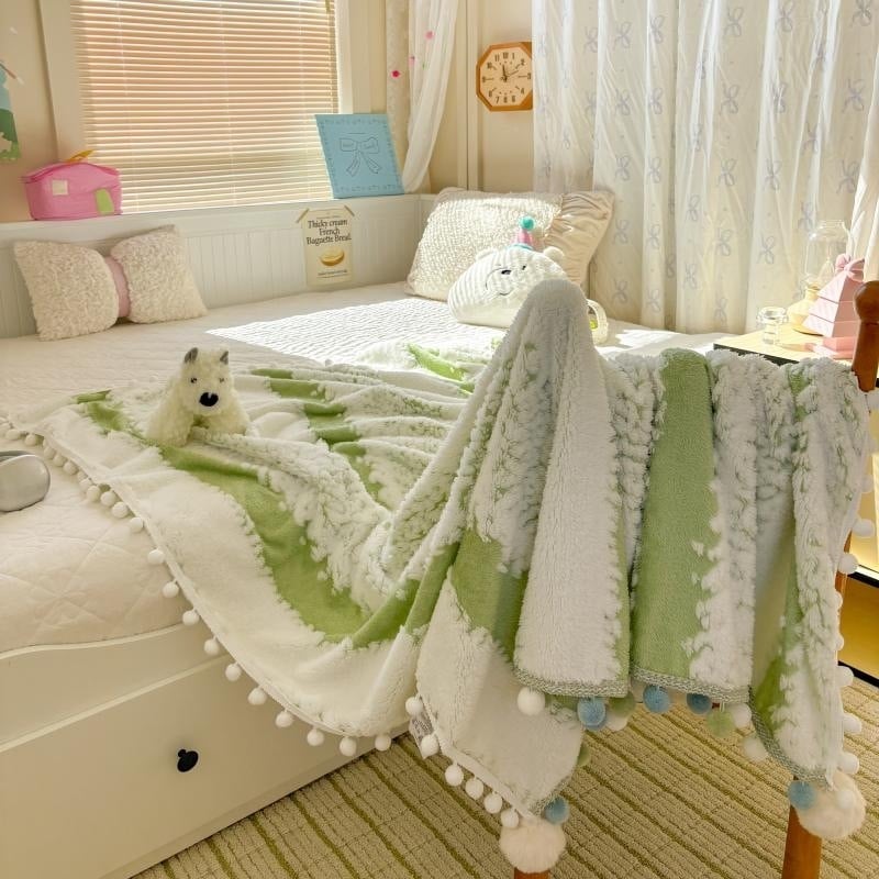 Pom-pom pletená deka, hrubá z mliečnej priadze, vhodná ako šál a kryt na pohovku