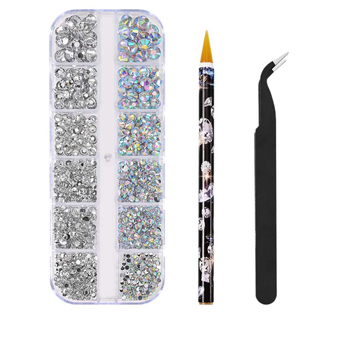 Diamanty na nechty z živice, sklenené ploché spätné kamene, 12-priehradková krabička, štýl blesku/ľahký luxus, vzor 20979108184