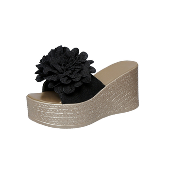 Moteriški šlepetės su stora platforma ir dideliu gėlių raštu, korėjiško stiliaus, atviras pirštas, PU viršus